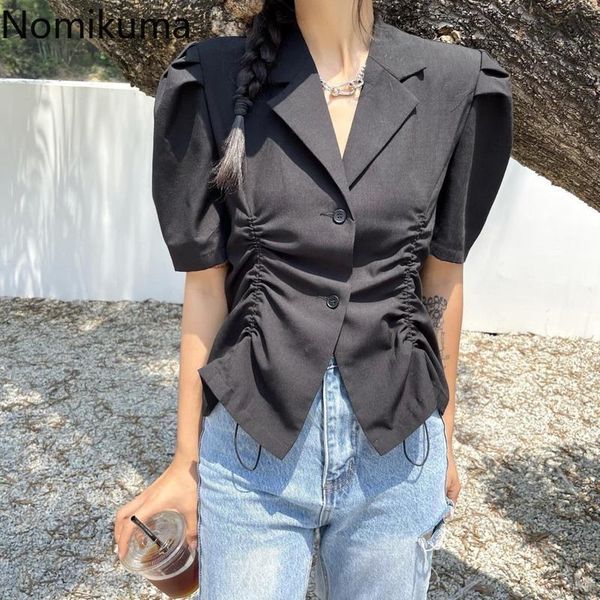 

women's blouses & shirts nomikuma drawstring notched collar single breasted short sleeve solid color korean style blouse blusas mujer, White