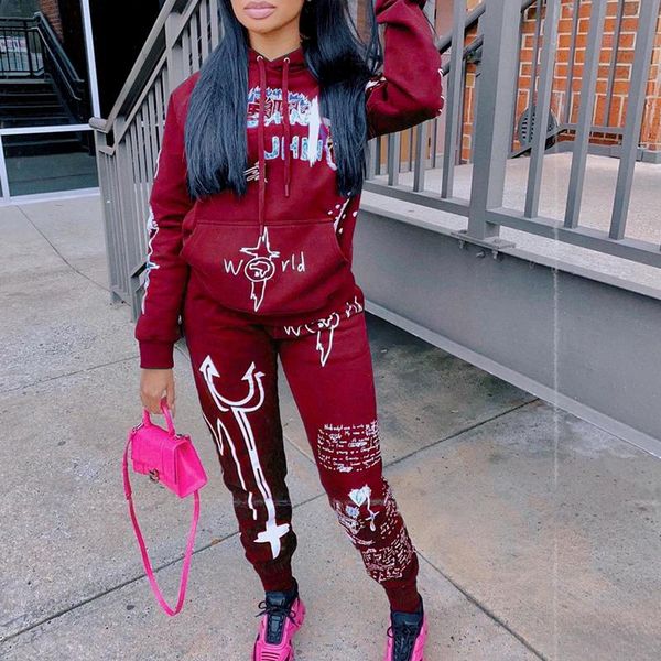 

women's two piece pants 2021 graffiti streetwear winter warm two-piece sportswear hoodie women plus velvet letter printing suit, White
