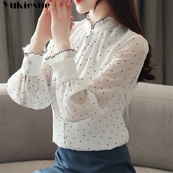 Мода женщины шифон блузка весна с длинным рукавом слоеная блузка оборками шифон леди рубашка точка узор леди блузка плюс размер 210519
