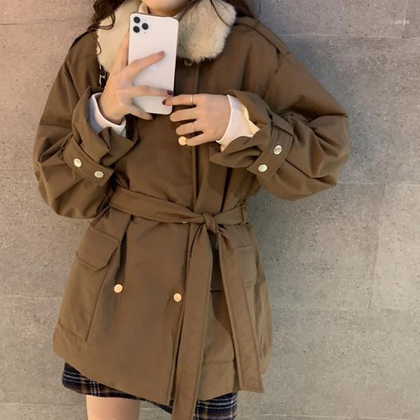 

women's down & parkas fashion korean jacket vintage female wool collar tether coat plus velvet clothing winter 20211, Black