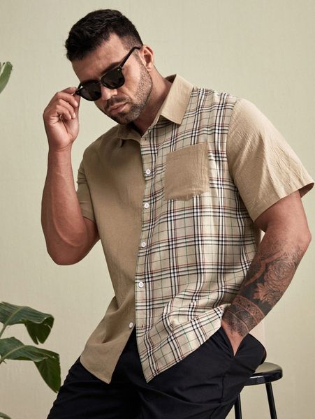 

extended sizes men plaid print pocket patched shirt 19fw#, White;black