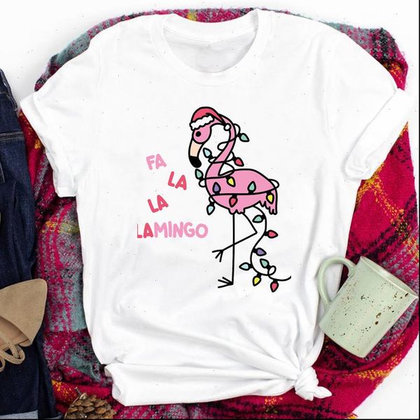 

tees for women t shirts lady merry christmas flamingo 90s style fashion happy time print tshirt clothes graphic female, White