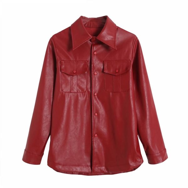 Mulheres Pu Motor Jackets Casacos Verão Manga Longa Bolso Sólido Sólido Vermelho Vermelho Jaqueta de Rua Casaco Outerwear Roupas 210513