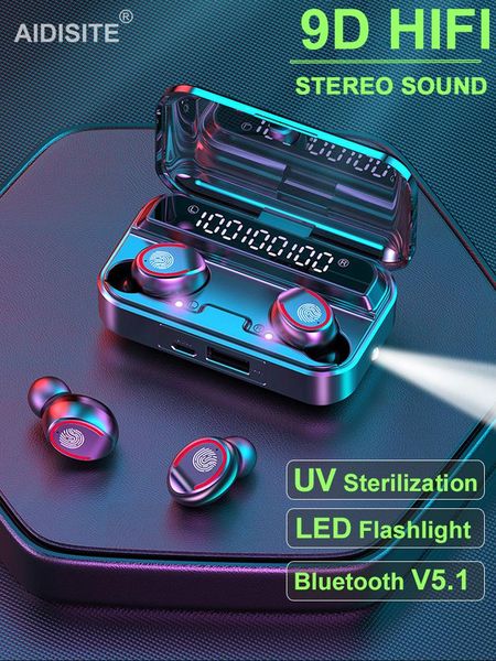 

headphones & earphones aidisite tws bluetooth earphone 5.1 wireless with uv sterilization charging box 9d stereo sports earplug