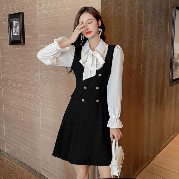 

casual dresses coigarsam women one piece korea dress autumn 2022 patchwork panelled black robe vestidos, Black;gray