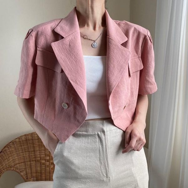 

[ewq]pink big size casual loose mini jacket lapel short sleeve women open stitch coat fashion tide spring autumn 2021 2f0561 women's ja, Black;brown