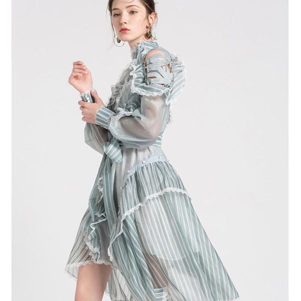 

casual dresses sipaiya brand quality women organza high street special shoulder tie up design perspective striped slim bow lady dress, Black;gray