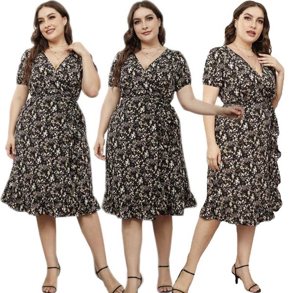 

plus size dresses 2021 summer women floral print long dress short sleeve v-neck vintage bohemia maxi loose casual vestido xl-5xl, Black