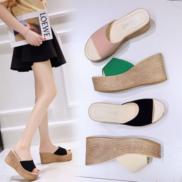 

slippers women's summer slope heel thick bottomed waterproof platform flip flop fashion dress muffin bottom casual women's sandals, Black