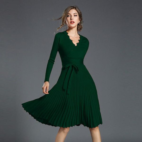 

casual dresses 2021 autumn pattern european self-cultivation thin long sleeve fashion temperament paragraph fold dress, Black;gray