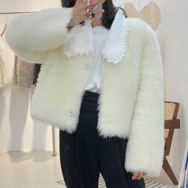 

women's fur & faux fashion women coat winter 2021 real sheep wool jacket lace collar clothes short female coats long sleeves thick warm, Black