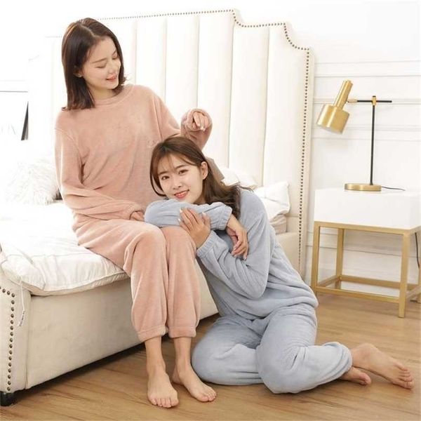 

pajamas autumn winter warm coral sleepwear pink 2 piece sets women solid color kawaii soft casual home wear lounge 211109, Black;red