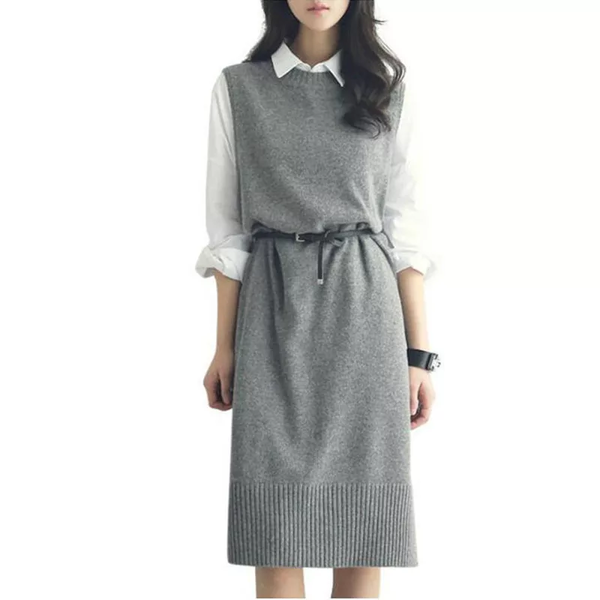 

women's vests casual long vest women mid-long sweater sleeveless dress clothing female knitted wool round neck belt pullover fashion, Black;white