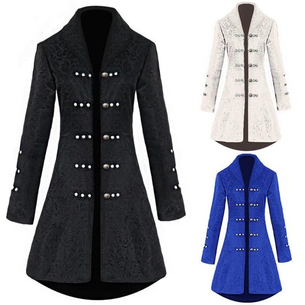 

women's wool & blends medieval vintage dress jacquard in a long coat, waist back retro punk style coat, Black