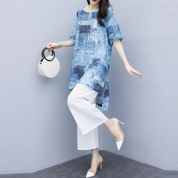 

two piece set long vintage print split blouse shirt white pant suit 2021 summer office lady wide leg pants suits for women 4xl dress