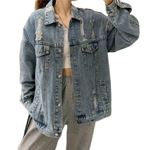 

women's jackets 2021 loose korean versatile heavy industry perforated bf denim jacket fashion temperament, Black;brown