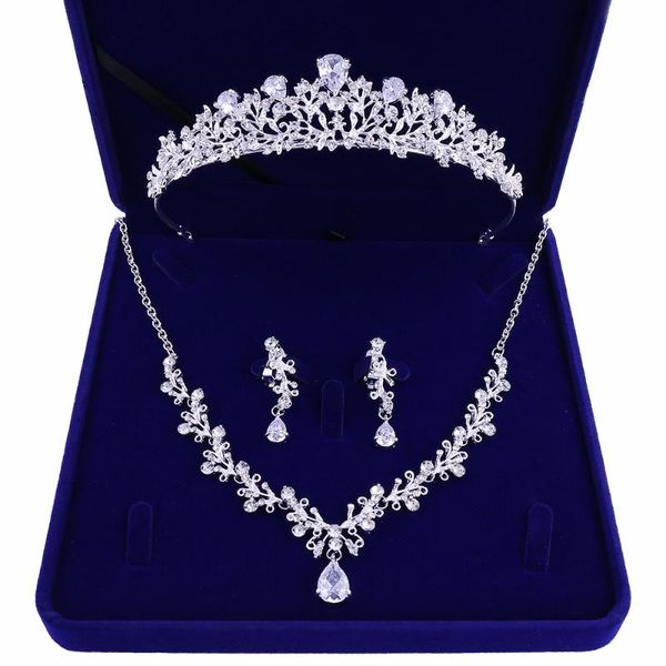 

earrings & necklace luxury noble crystal leaf bridal jewelry sets rhinestone crown tiaras set for bride african beads, Silver