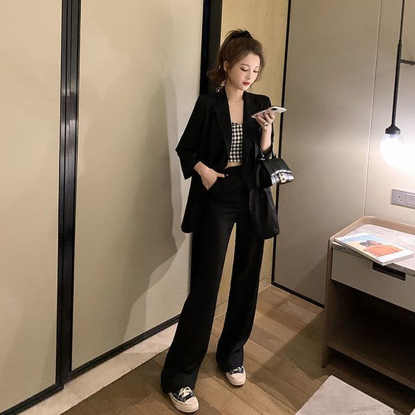 

korean vintage casual loose women blazer + high waist wide leg pants +tank suits 3 pieces set office lady wear 210510, White;black
