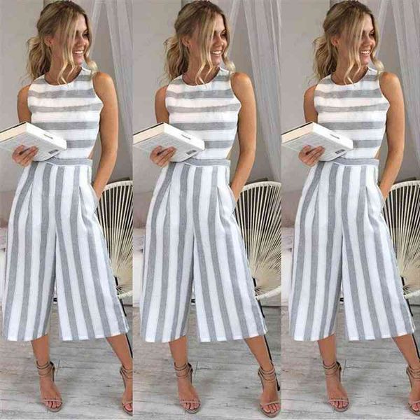 

summer rompers womens jumpsuit casual sleeveless elegant striped wide leg pants playsuits overalls trousers plus size, Black;white