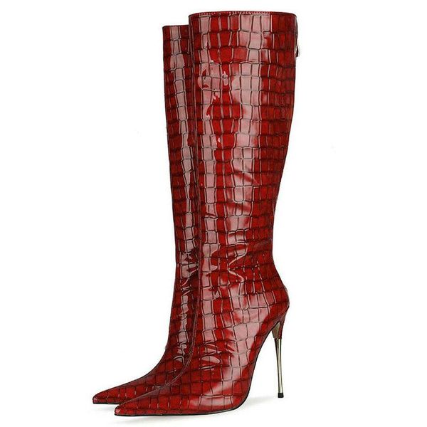 

boots 2021 women knee high thin heel pointed toe ladies calf faux leather back zipper women's black brown