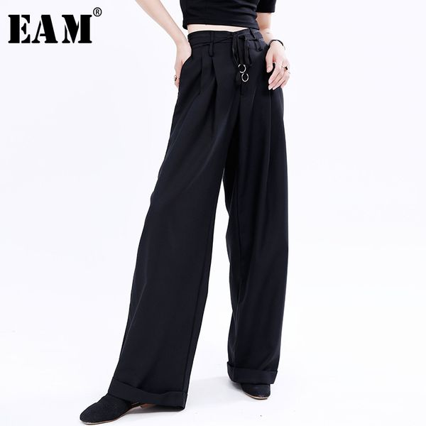 

[eam] high waist black pleated bandage long wide leg trousers new loose fit pants women fashion tide spring summer 1u783 210319, Black;white