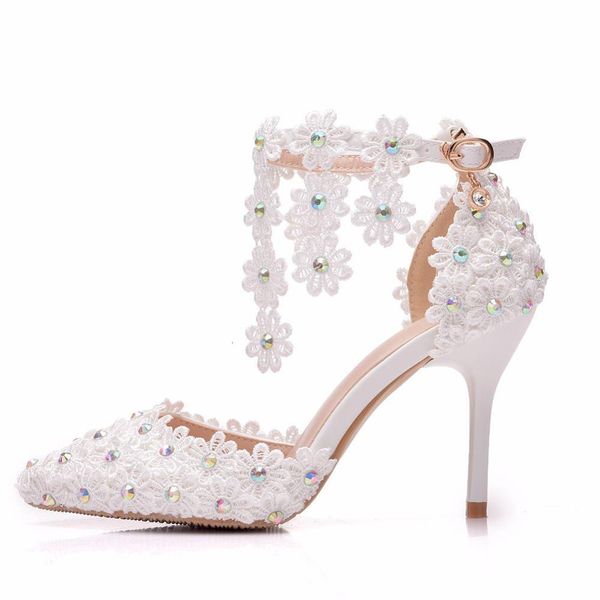 

sandals wedding female white drill rhinestone ankle strap sandals stiletto pointed bridal shoes high heels, Black