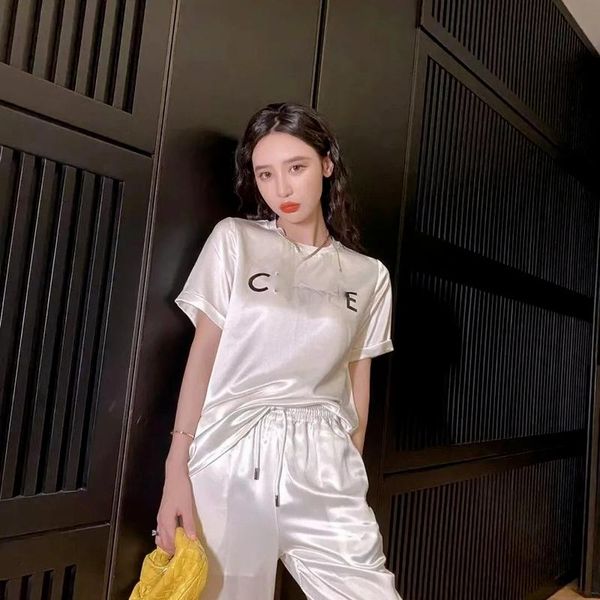 

women's two piece pants acetate satin letter logo suit female 2021 summer short-sleeved t-shirt elastic waist loose trousers two-piece, White