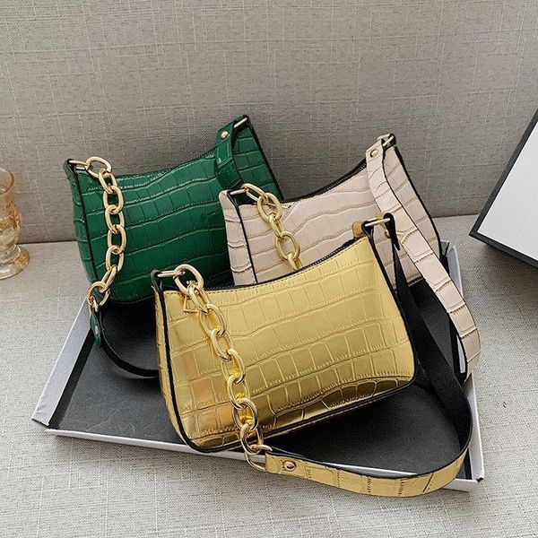 

evening bags handbag women's leather shoulder bag small crocodile pattern french bread gold pu underarm bolsos para mujer