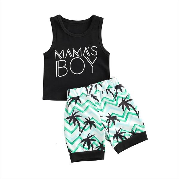 

summer toddler baby boys casual clothes set black letters print collar sleeveless and elastic waist shorts, White
