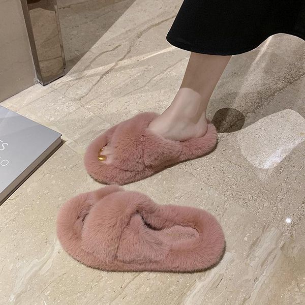 

shoes women womens slippers outdoor fur flip flops flock slides fashion low pantofle soft plush luxury 2021 flat basic pu, Black