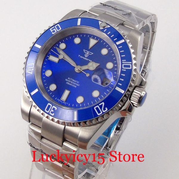 

tandorio sunburst blue 40mm automatic men watch 200m waterproof screwdown crown oyster strap luminous dial sapphire glass wristwatches, Slivery;brown