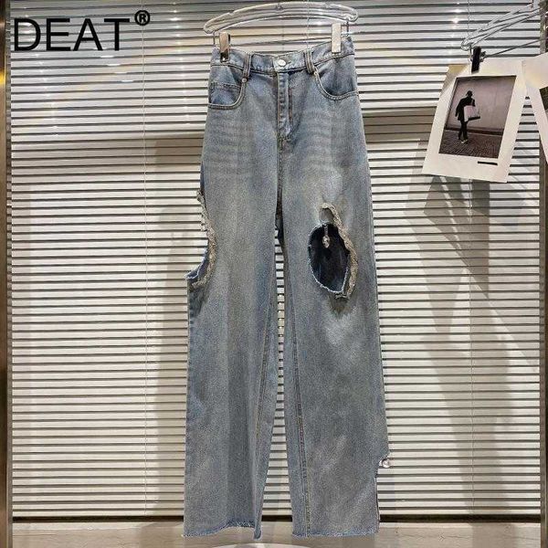 

deat spring summer fashion casual broken water drill chain pendant wash water make old wide leg jeans woman sk832 210709, Blue