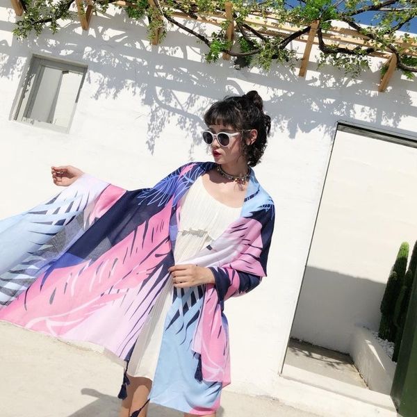 

scarves shawl for women scarf dual-purpose ethnic wind seaside holiday sunscreen beach silk printed, Blue;gray
