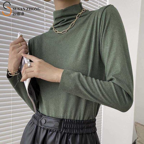 T-shirt da donna Top da donna Elegante basic da ufficio Autunno inverno Jersey di cotone ad alta elasticità Finto collo alto Manica lunga Colori caldi X0628