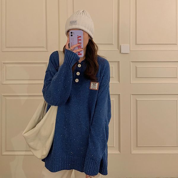 

2Colors womens knitted Sweater Autumn and winter 2021 loose korean style turn down collar Sweaters and pullovers womens (F1476), White;black