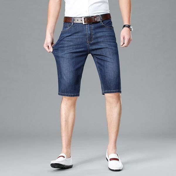 

men's jeans denim shorts elastic wash straight capris trend, Blue
