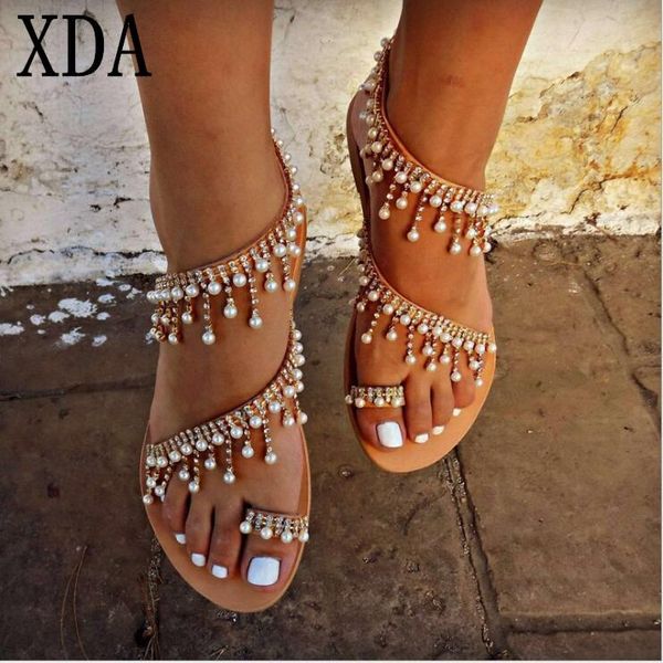 

style fashion summer beach casual sandals roman pearl handmade beaded flat single shoes women's sandal large size 35-43, Black