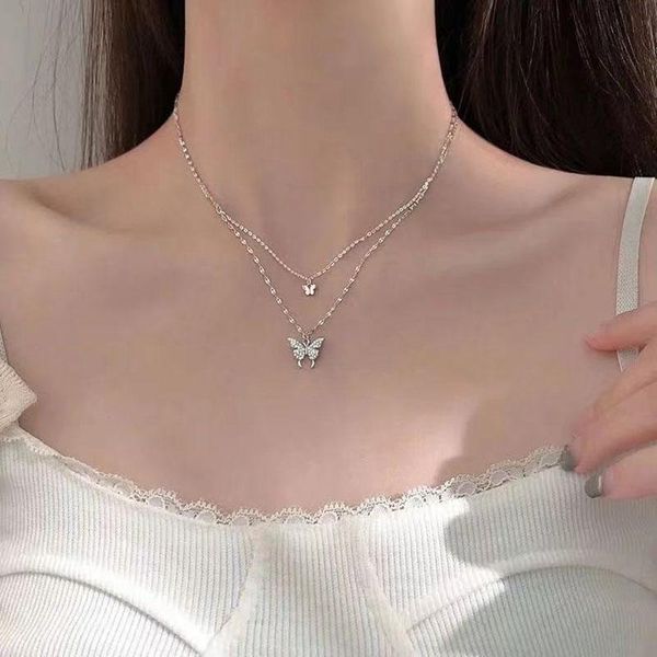 

pendant necklaces layered butterfly choker necklace for women cute charm girls korean collar chain jewelry, Silver