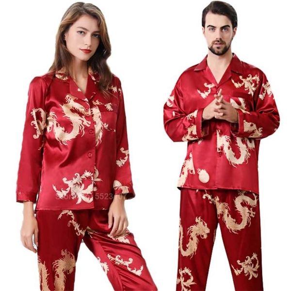 Mulheres seda cetim pijama conjunto 2 pcs manga completa Top Calças de estilo chinês ano o dragão impressão lounge homens pijamas pjamas pjs 211112