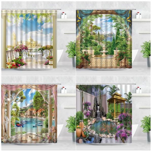 

shower curtains town garden flower landscape curtain waterproof rural green plant scenery wall decor bathtub bathroom with hooks