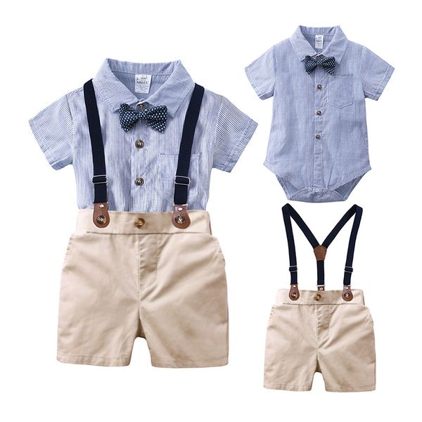 Хлопок Детская Детская Одежда набор малышей мальчики Летний джентльмен бабочка галстук с коротким рукавом рубашка + общие шорты наборы 210429