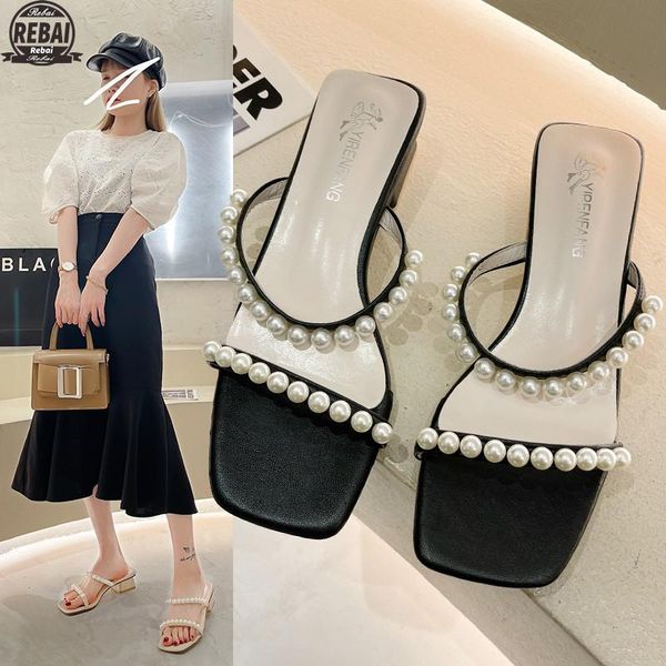

slippers 2021 summer women's sandals with pearl fairy style korean wild thick gentle fashion word high heels 35-43, Black