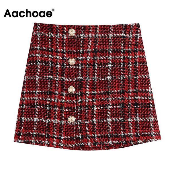 

aachoae lady elegant plaid skirt single button vintage a line skirts high waist office wear mini women mujer faldas 2021, Black