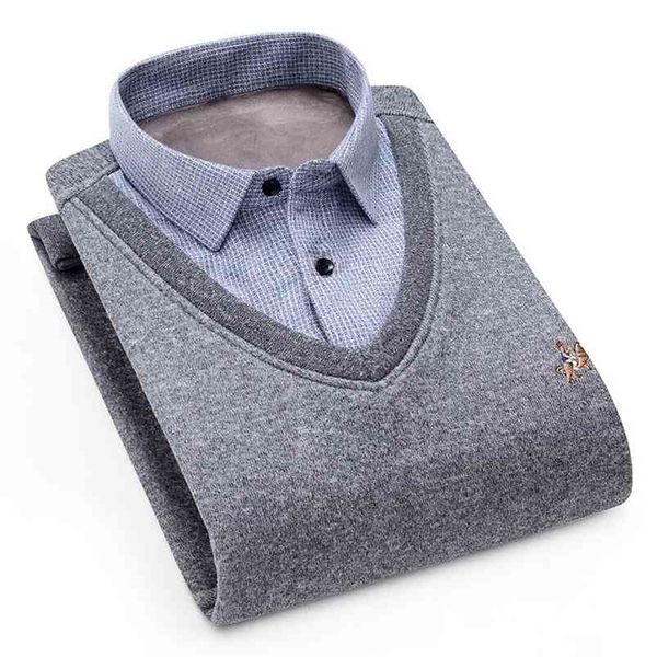 Aoliwen Мужские свитер кардиган рубашка воротник плюс бархат утолщение зимы длинные рукава рубашки кашемировые платья домашняя рубашка свитер 210813