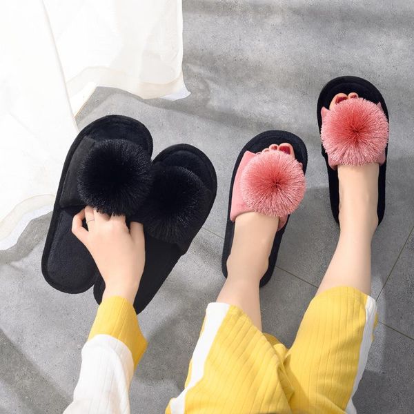 

slippers cotton winter women hairball non-slip floor home shoes for bedroom fluffy, Black