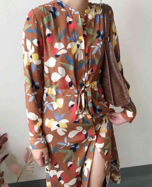 

dress 2021 autumn goldfish flower drawstring waist long vm37, Black;gray