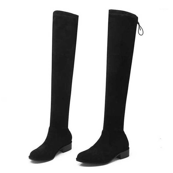 

boots slip on plus size long over the knee women shoes woman winter black flock square mid heels metal lace up