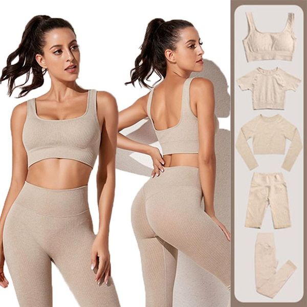 

yoga outfit 2/3/5 pcs seamless women set workout sportwear gym clothing fitness long sleeve crop high waist legging sport suits