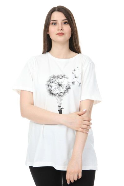 

women's t-shirt plus size o-neck print half sleeve knitted ecru, White
