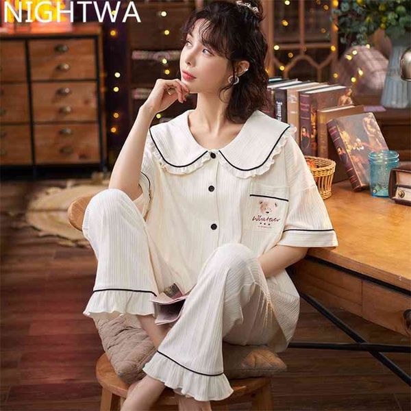

nightwa womens cotton pajamas set turn-down collar short sleeves sleepwear female summer cartoon bears homewear cute 210809, Black;red